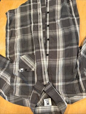 DC Men’s Black and Gray Plaid Button-Down Shirt